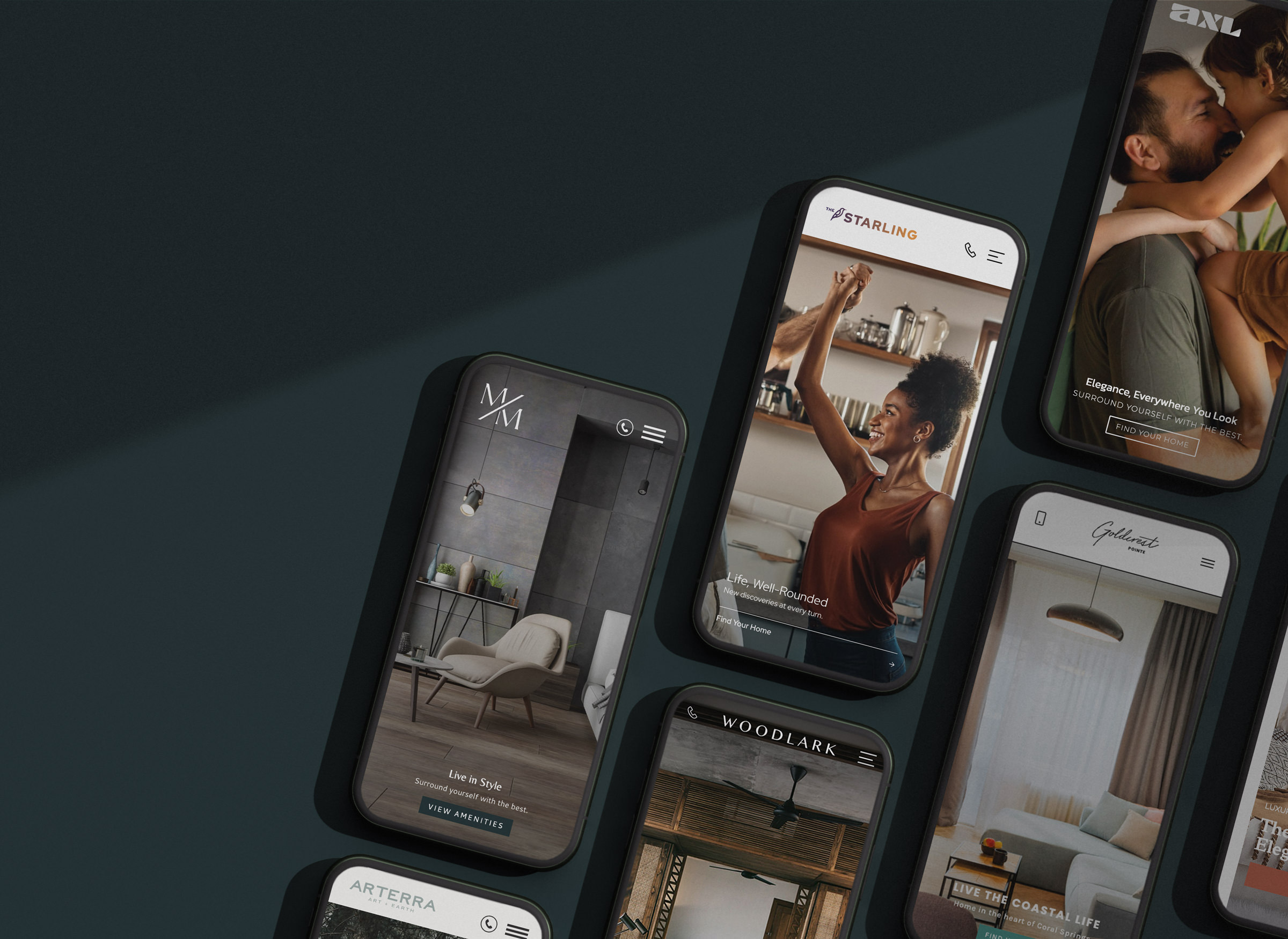 A collage of mobile phones with several example's of Jonah's Premium Themes for Multifamily communities.