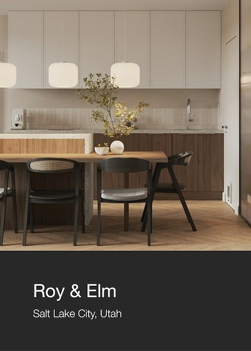 Multifolio Property card with an image of a dining room table and kitchen.The property name is Roy & Elm in Salt Lake City, Utah.