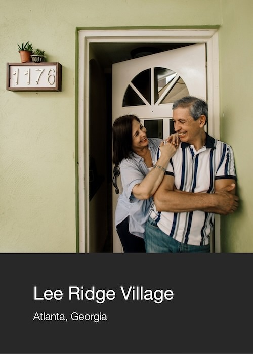 Multifolio Property card with an image of a woman and man in a doorway. The property name is Lee Ridge Village in Atlanta, Georgia.