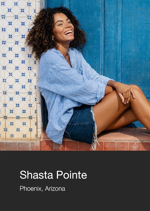 Multifolio Property card with an image of a woman sitting on a blue doorstep. The property name is Shasta Pointe in Scottsdale, Arizona.