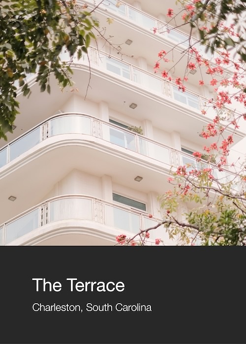 Multifolio Property card with an image of a white building with trees called The Terrace in Charleston, South Carolina.