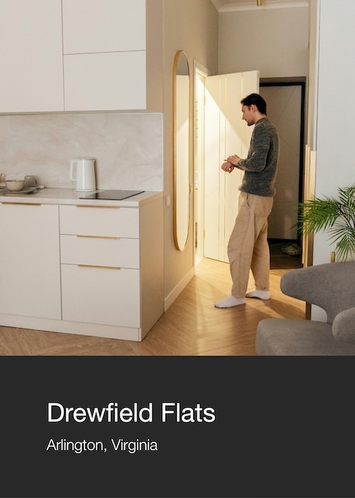 Multifolio Property card with an image of a man in an apartment. The property name is called Drewfield Flats in Arlington, Virginia.