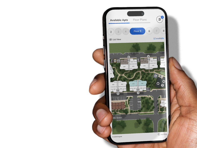 Engrain's SightMap + Jonah's websites create the most powerful shopping experience in multifamily Hand holding a mobile phone with Jonah's implementation of Engrain's SightMap on the screen.