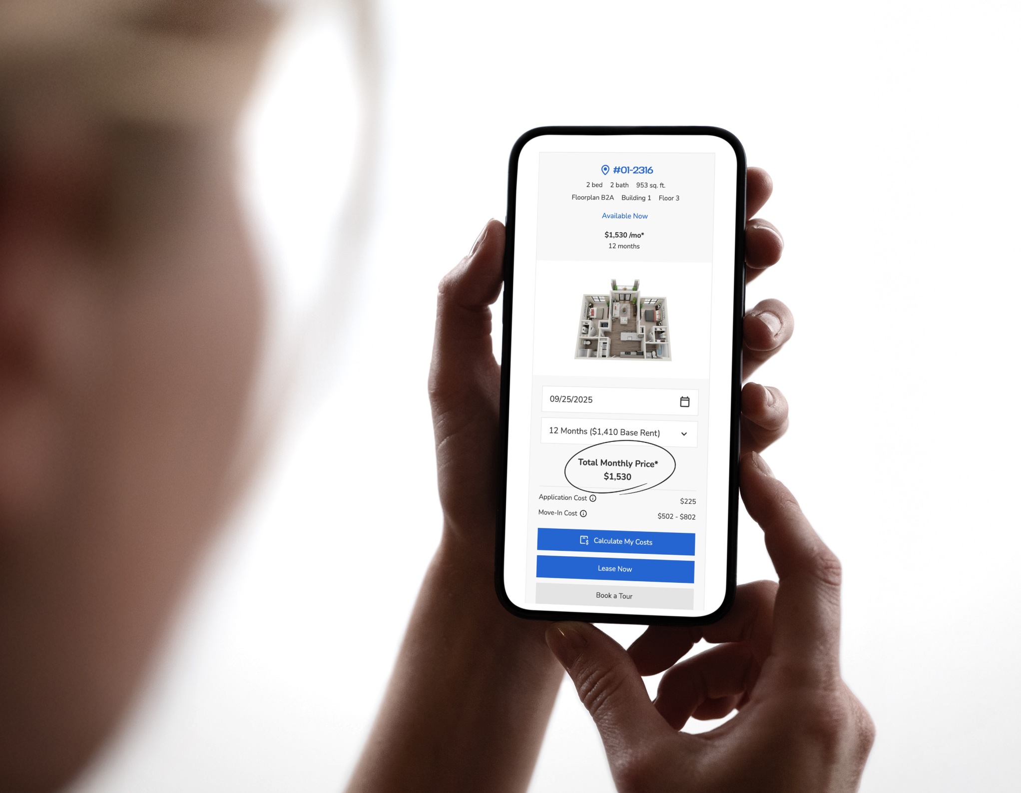 girl holding mobile phone looking at Jonah's unit mix  floorplans