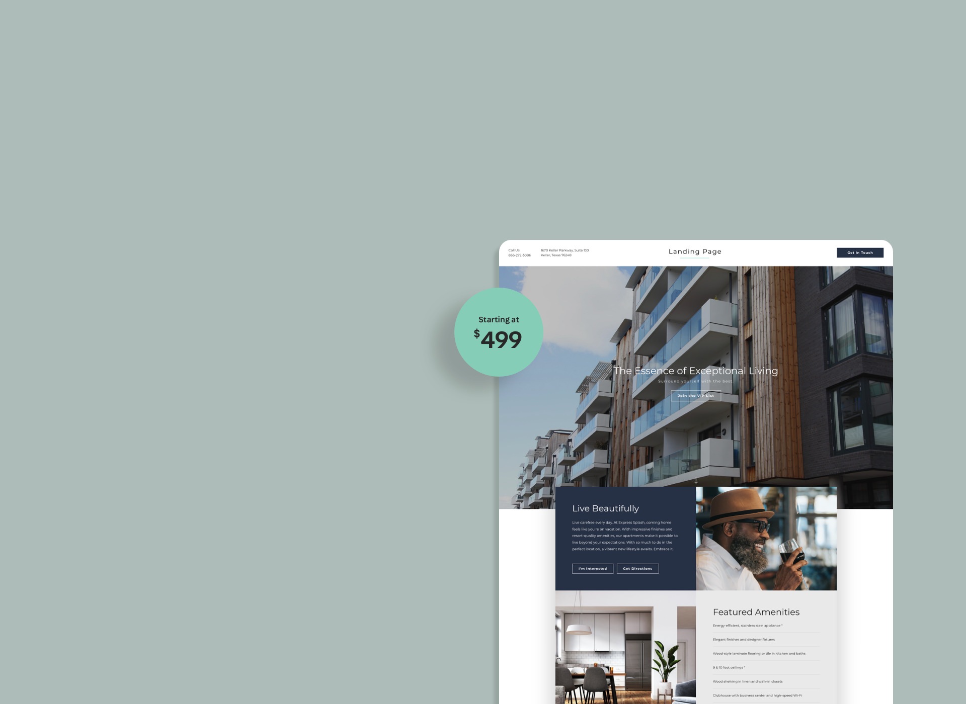Apartment website example on a light sage green background.
