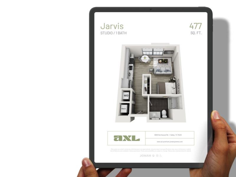 Jonah's E-Brochure add-on for Multifamily websites. Two hands holding a tablet with an example of Jonah's E-Brochure.