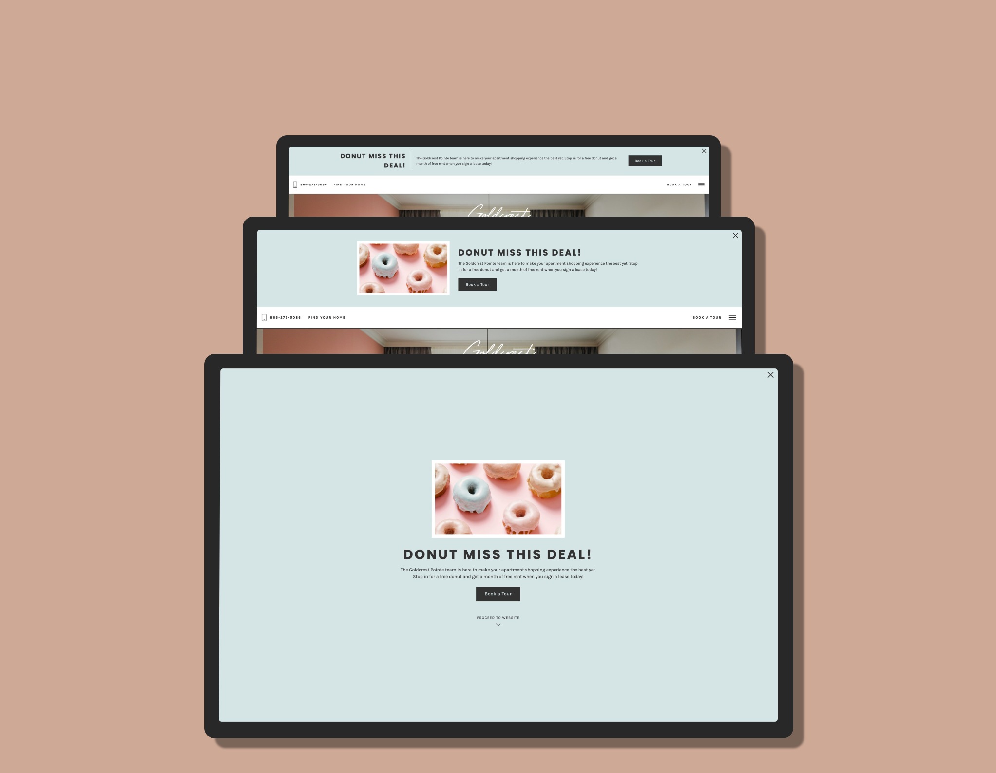 Jonah's PopDown layout options. Three tablets with three different layout examples of Jonah's PopDown add-on.
